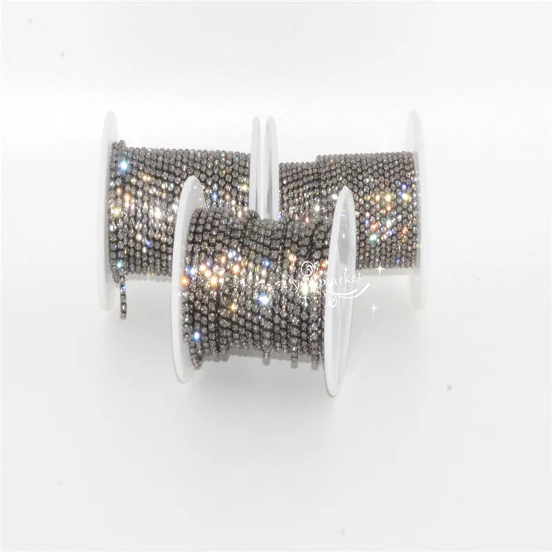 ss6/ss8/ss10 Grey Crystal stones Rhinestone Close Chain Trim Gun Black 10 Yard