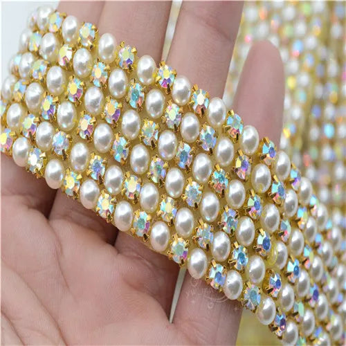 Crystals ab Pearls beads Trim Applique Iron On Clothes Dress Crafts 3 row 6row 1 Yard