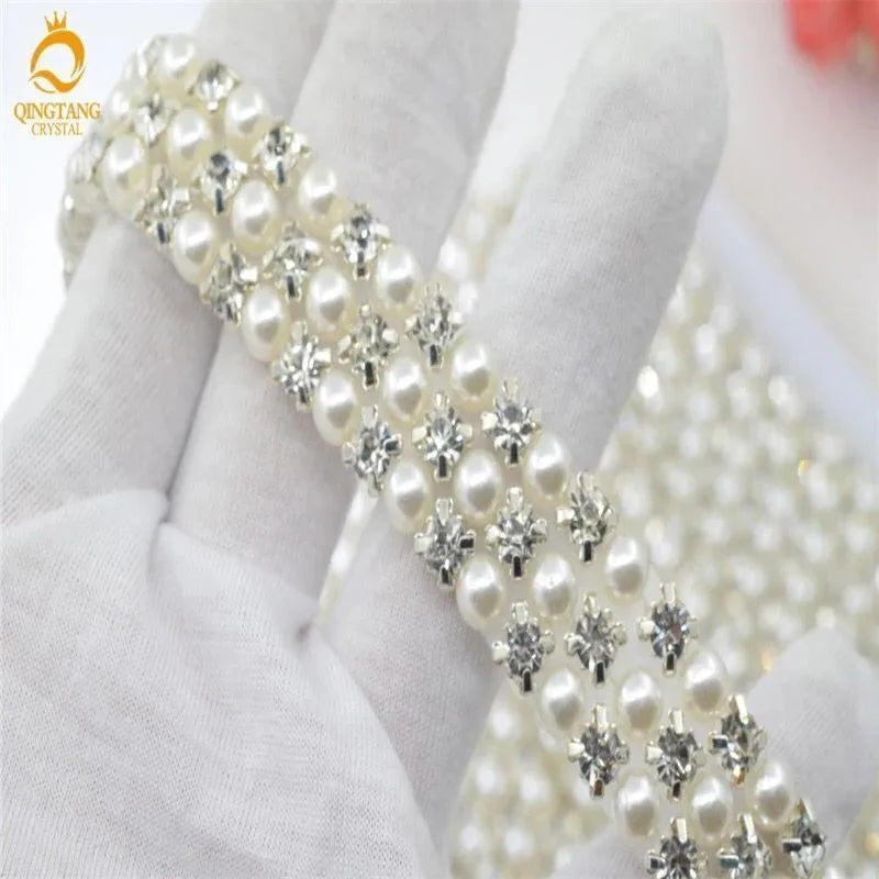 Crystals ab Pearls beads Trim Applique Iron On Clothes Dress Crafts 3 row 6row 1 Yard