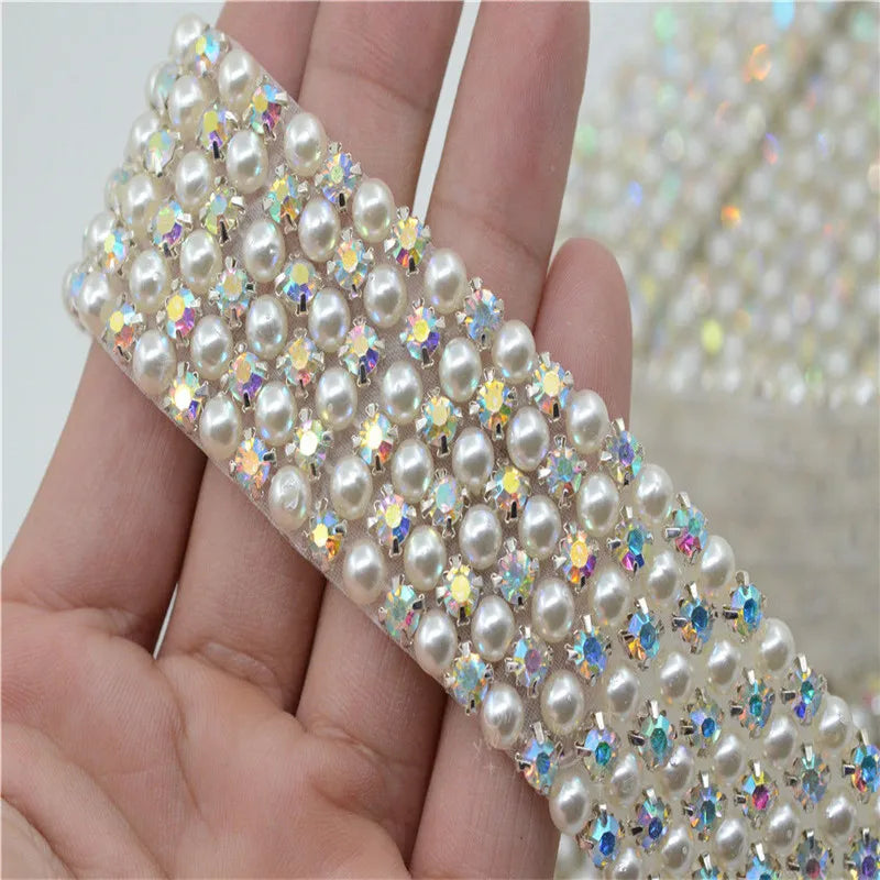 Crystals ab Pearls beads Trim Applique Iron On Clothes Dress Crafts 3 row 6row 1 Yard