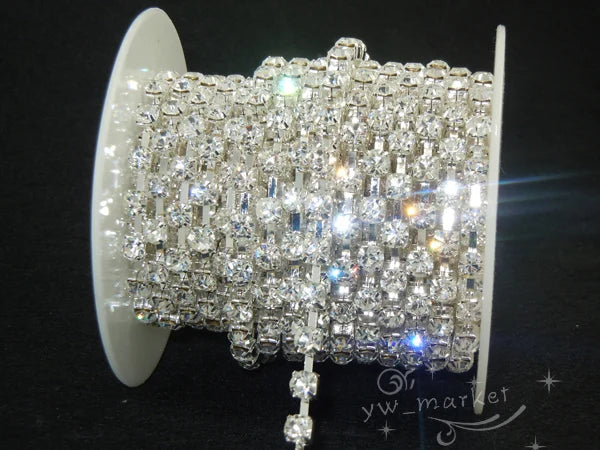 SS28 6mm Crystal Clear Rhinestone Chain Trim Silver sew on 10 yard