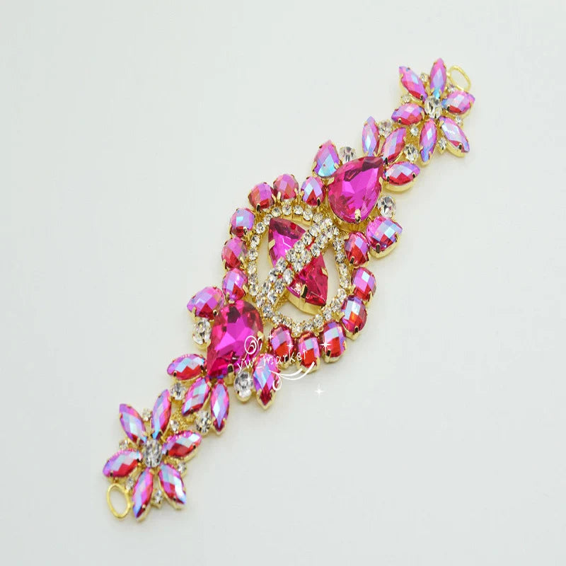 1 pcs Flower shape rose pink Costume Wedding Dress Applique Crystal Rhinestone Sewing On(K9042)