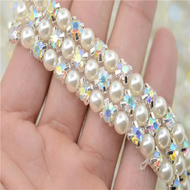 Crystals ab Pearls beads Trim Applique Iron On Clothes Dress Crafts 3 row 6row 1 Yard