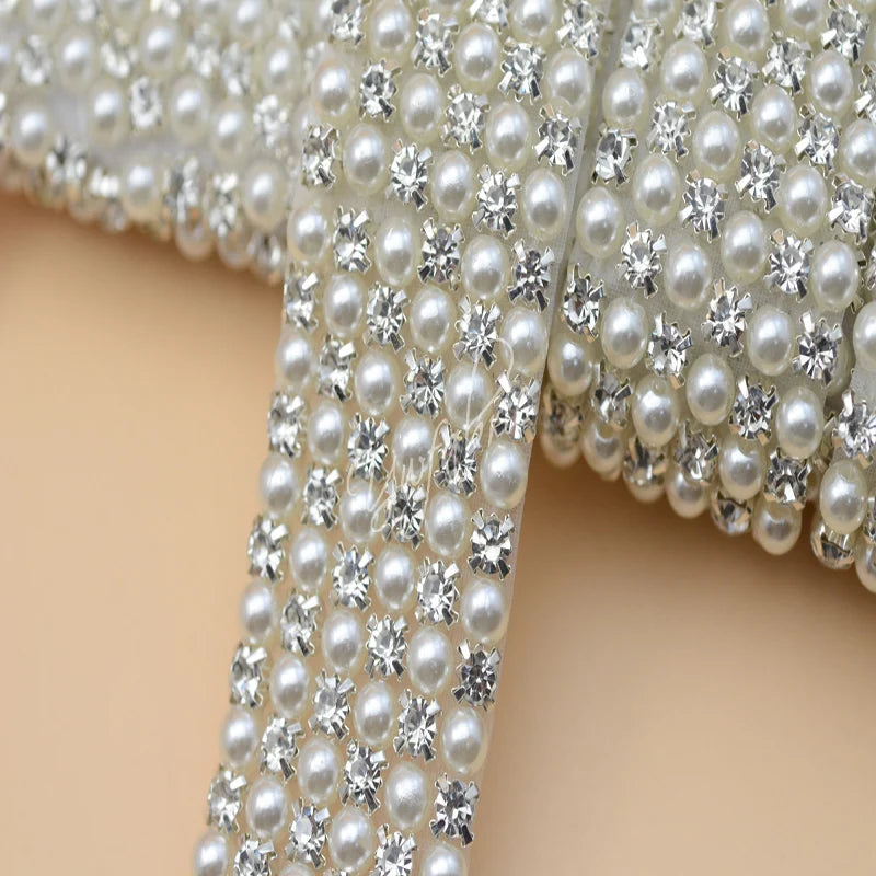 Crystals ab Pearls beads Trim Applique Iron On Clothes Dress Crafts 3 row 6row 1 Yard