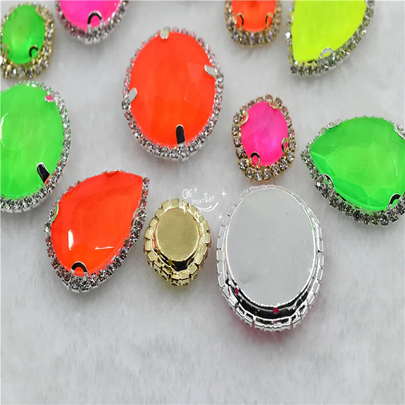 Sew On beads with gold claw rhinestones neon color wedding dress clothing diy 12mm 14mm