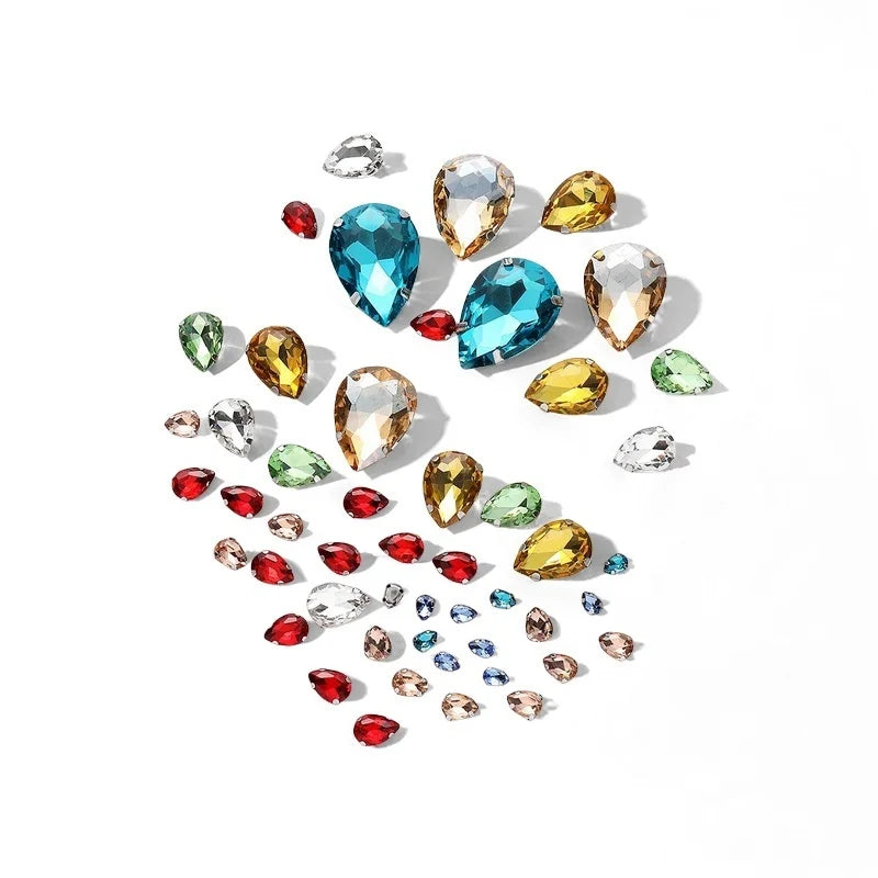 50pcs crystal Rhinestones teardrop mixed size Stones with white k claw Sew on accessories shoes bag diy