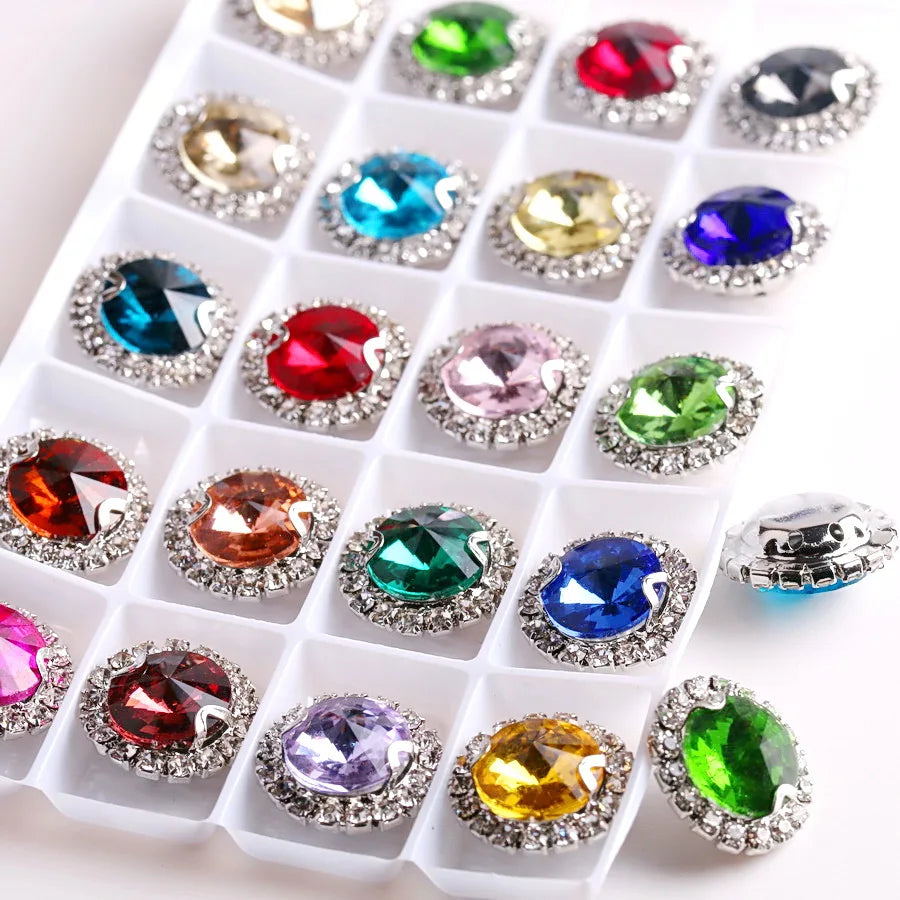 Glass crystal Rivoli round shape with rhinestone chain in Silver metal claw settings Sew on clothes shoes diy trim