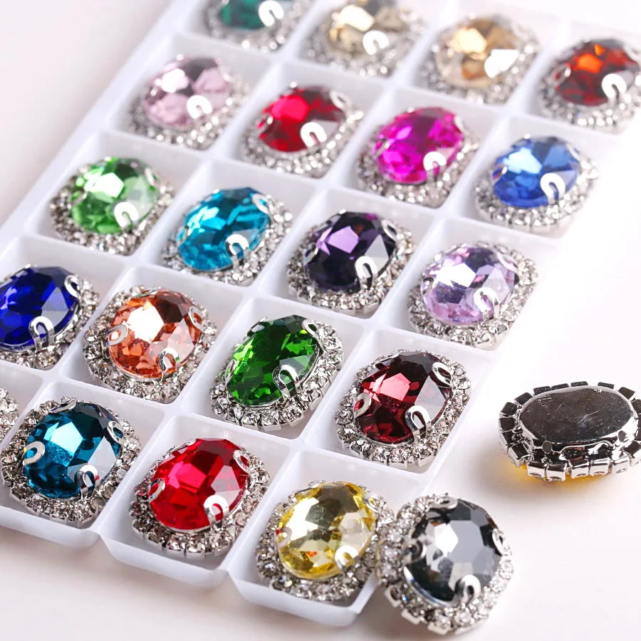 Oval shape Glass crystal with rhinestone chain in Silver metal claw settings Sew on beads clothes shoes diy trim