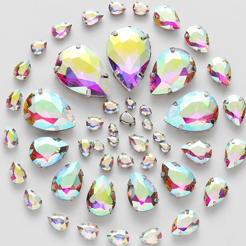 50pcs crystal Rhinestones teardrop mixed size Stones with white k claw Sew on accessories shoes bag diy