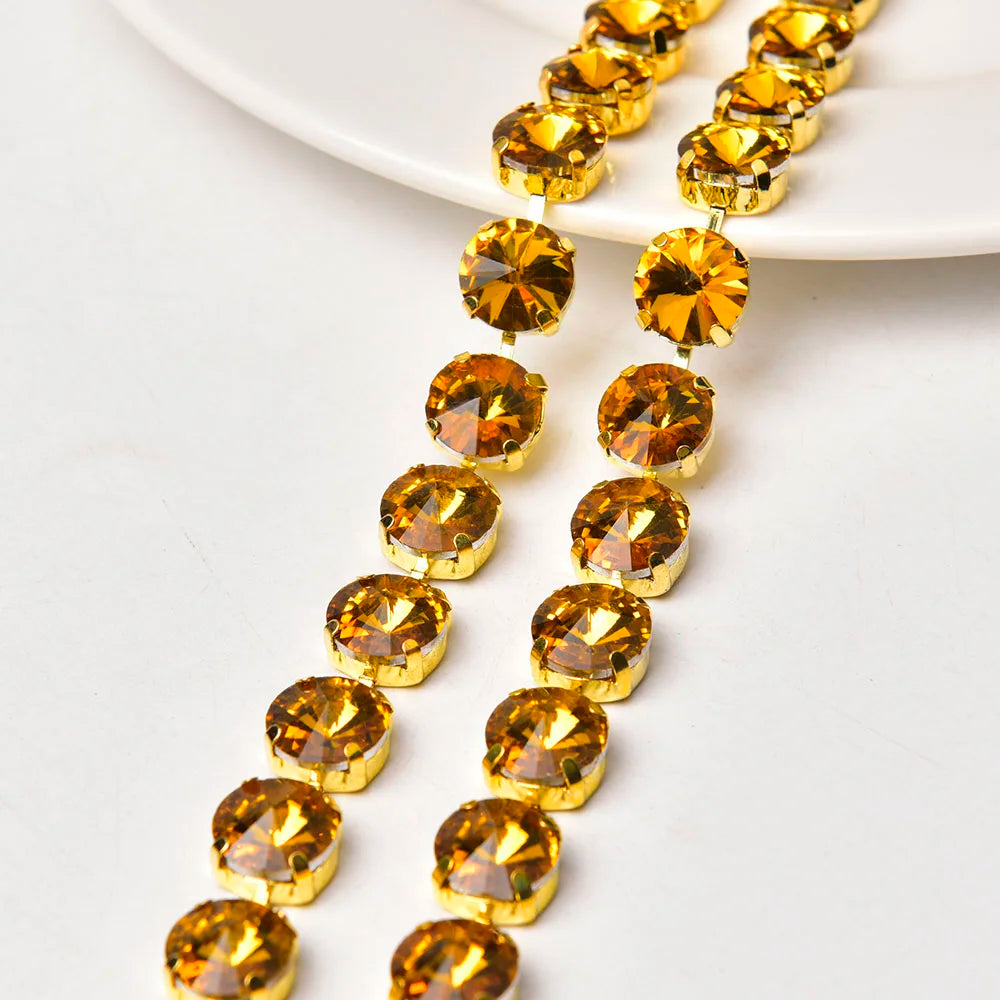 Handmade 12mm Circular Satellite Glass Rhinestone Chain Shiny Round Crystal Trim Ribbon Sewing on Wedding Clothing Accessories