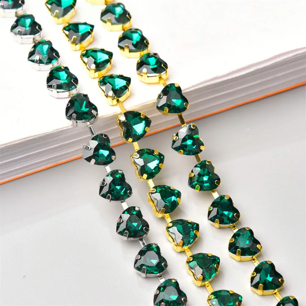 10mm High Quality Multi-color Heart Glass Crystal Metal Cup Chain DIY Wedding Jewelry Clothing Accessories Rhinestone Trim