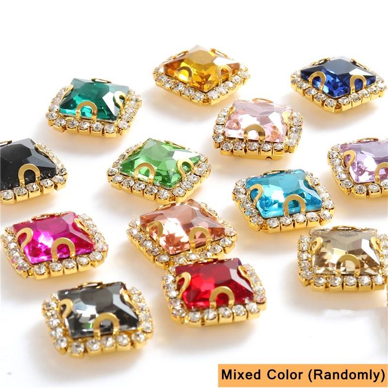 10mm 12mm 14mm Crystals Square Glass Sew on Rhinestones With Golden Claw Flatback Sewing Supplies Stones For Diy Clothing
