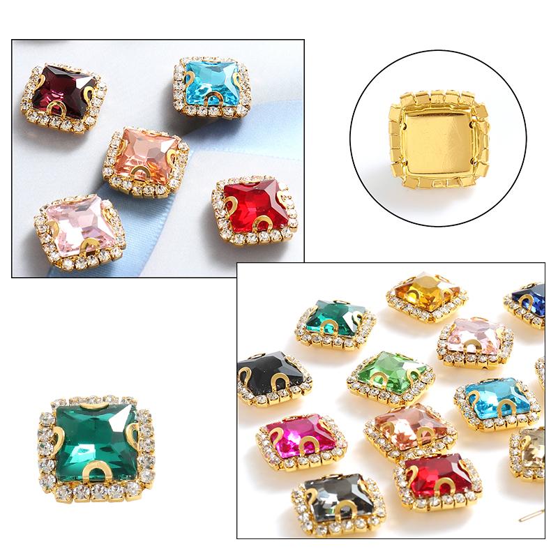 10mm 12mm 14mm Crystals Square Glass Sew on Rhinestones With Golden Claw Flatback Sewing Supplies Stones For Diy Clothing