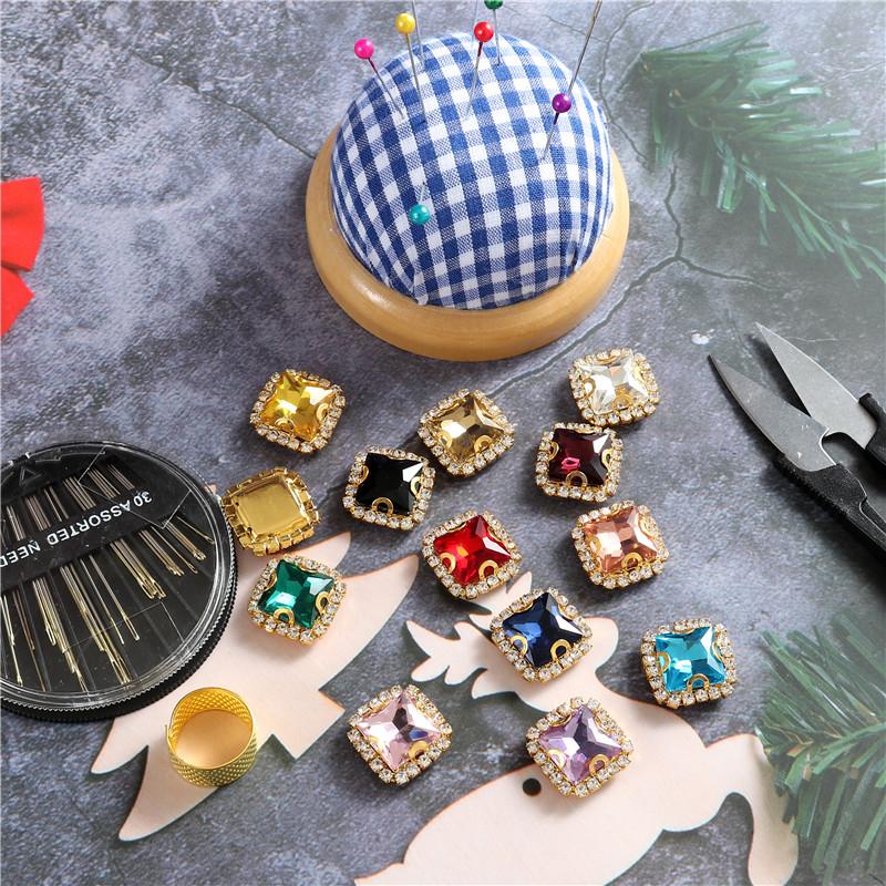 10mm 12mm 14mm Crystals Square Glass Sew on Rhinestones With Golden Claw Flatback Sewing Supplies Stones For Diy Clothing