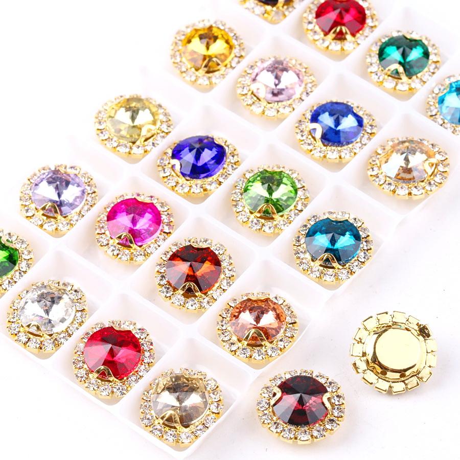 Glass crystal Rivoli round shape with rhinestone chain in gold metal claw settings Sew on diy trim