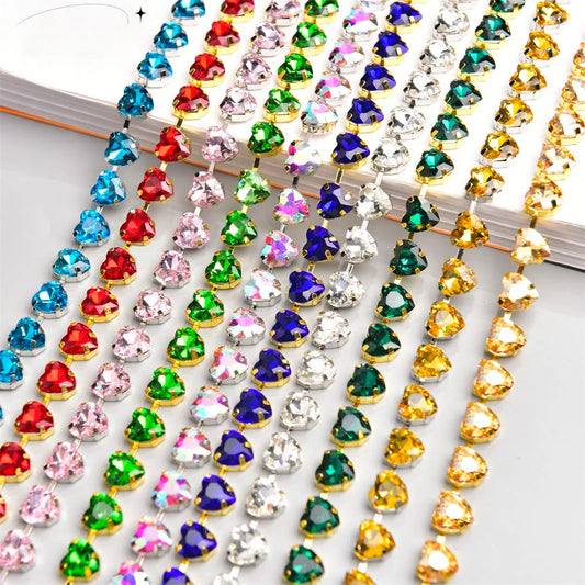 10mm High Quality Multi-color Heart Glass Crystal Metal Cup Chain DIY Wedding Jewelry Clothing Accessories Rhinestone Trim