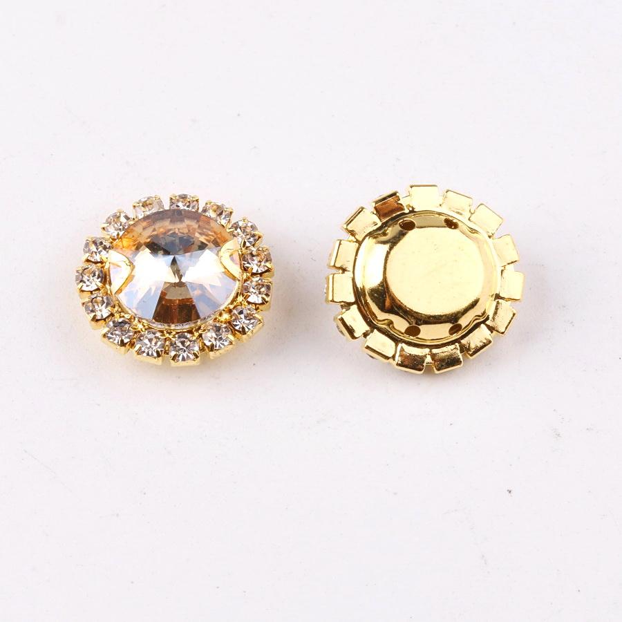 Glass crystal Rivoli round shape with rhinestone chain in gold metal claw settings Sew on diy trim