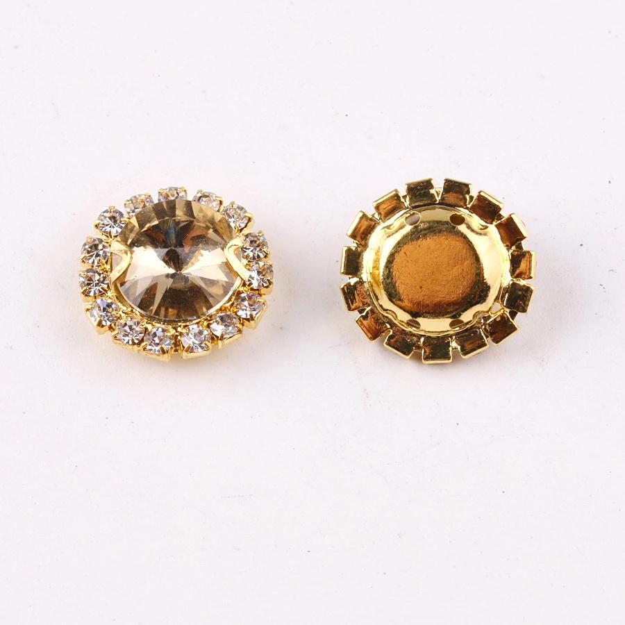 Glass crystal Rivoli round shape with rhinestone chain in gold metal claw settings Sew on diy trim