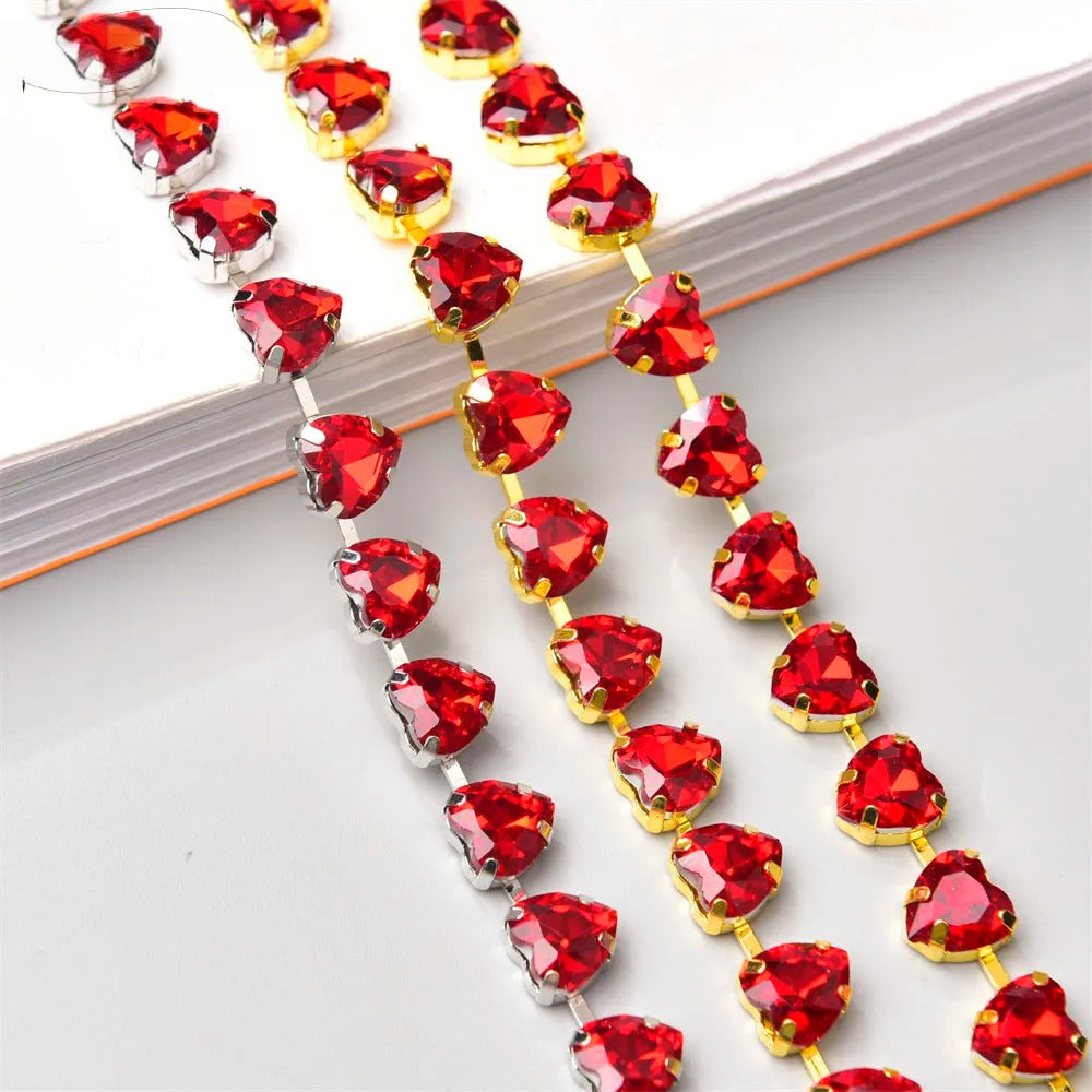 10mm High Quality Multi-color Heart Glass Crystal Metal Cup Chain DIY Wedding Jewelry Clothing Accessories Rhinestone Trim