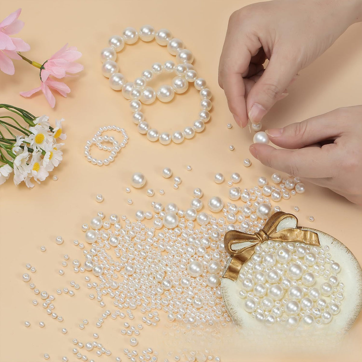 Mixed-assortment drilled ABS faux pearl beads for DIY jewelry making (bracelets, necklaces, hair accessories).