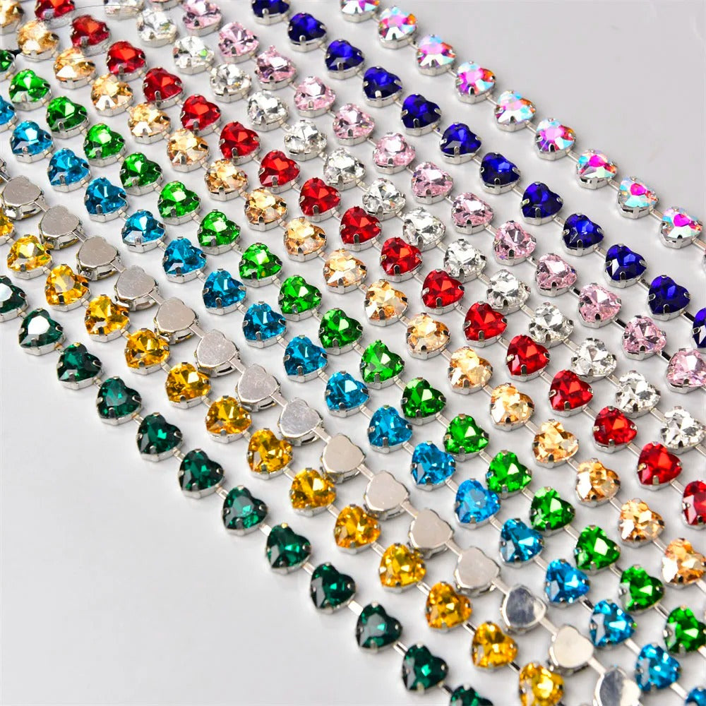10mm High Quality Multi-color Heart Glass Crystal Metal Cup Chain DIY Wedding Jewelry Clothing Accessories Rhinestone Trim