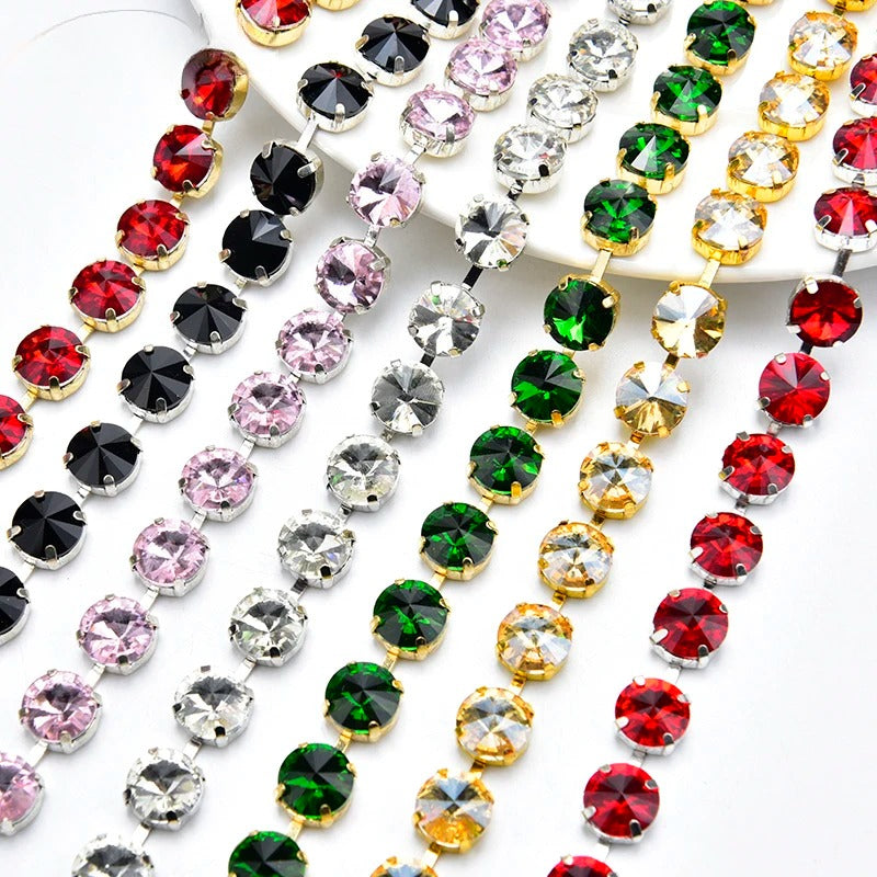 Handmade 12mm Circular Satellite Glass Rhinestone Chain Shiny Round Crystal Trim Ribbon Sewing on Wedding Clothing Accessories