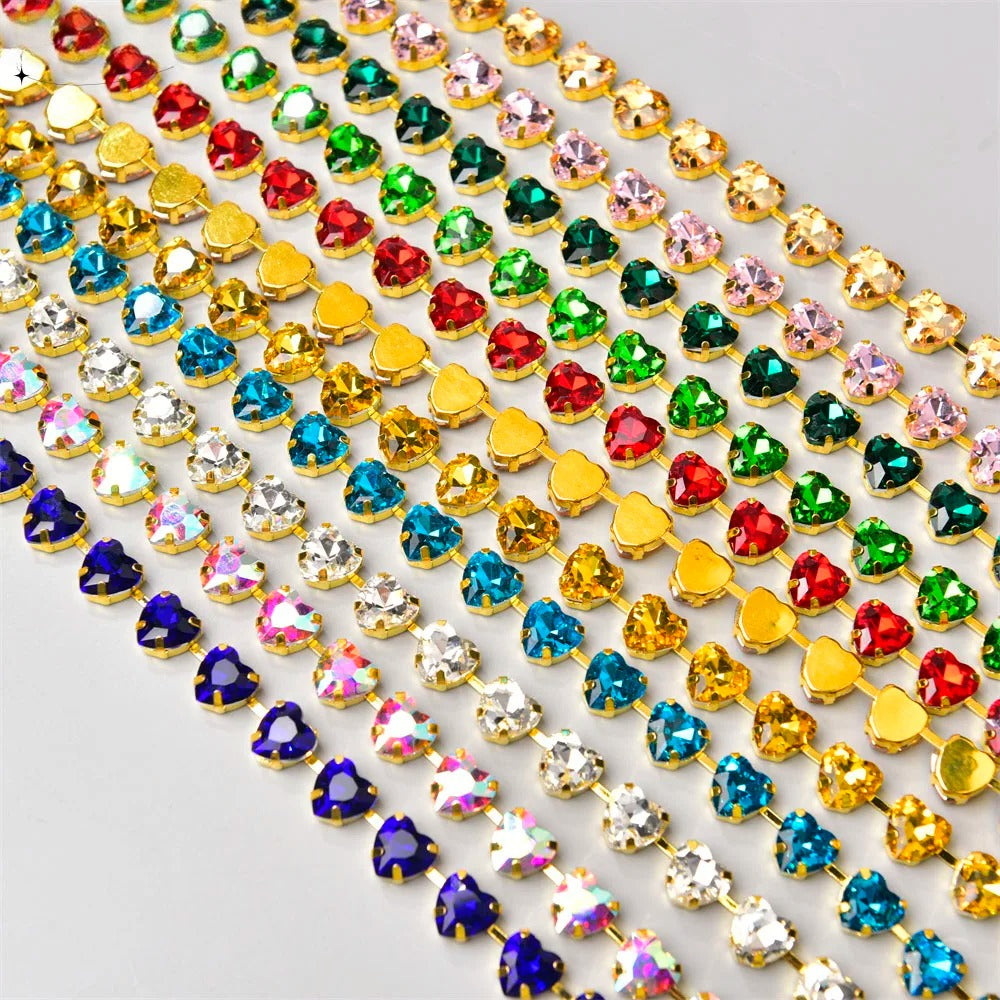 10mm High Quality Multi-color Heart Glass Crystal Metal Cup Chain DIY Wedding Jewelry Clothing Accessories Rhinestone Trim