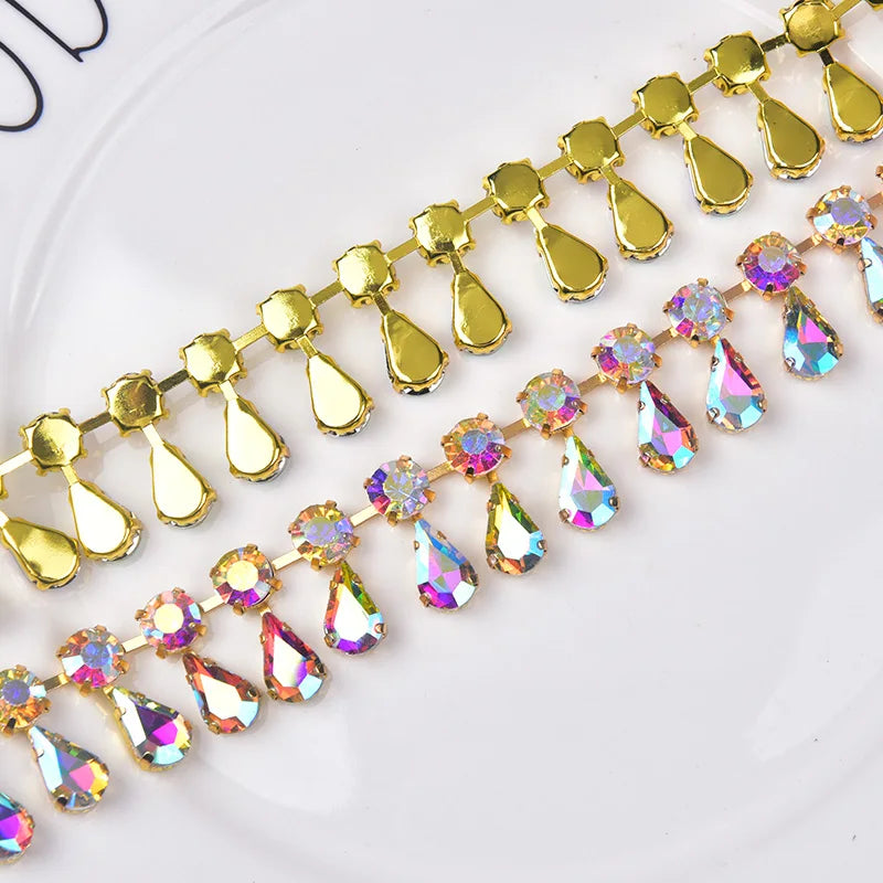 Glass Rhinestone Chain 8mm Round+8x13mm Teardrop Clear Crystal Trimming Gold Metal Base 2cm Width Sew On Garment DIY