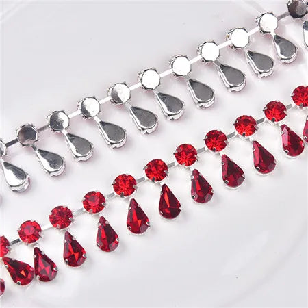 Glass Rhinestone Chain 8mm Round+8x13mm Teardrop Clear Crystal Trimming Gold Metal Base 2cm Width Sew On Garment DIY