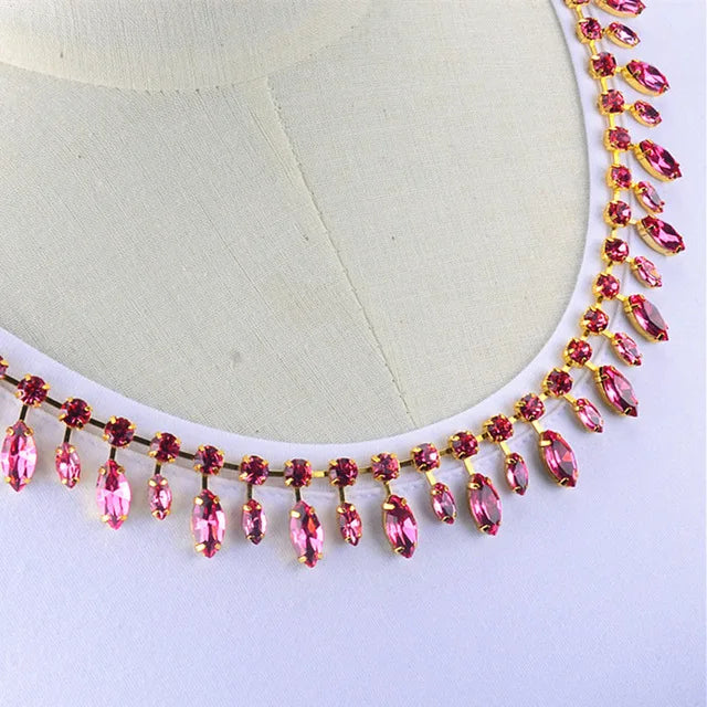 Glass Rhinestone Chain 8mm Round+8x13mm Teardrop Clear Crystal Trimming Gold Metal Base 2cm Width Sew On Garment DIY