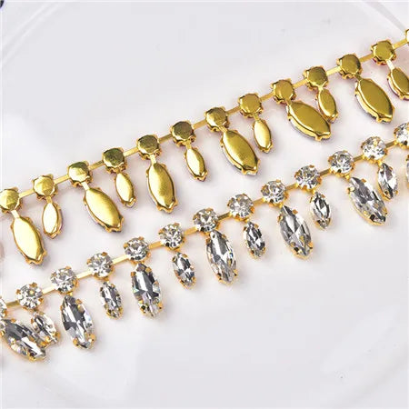 Glass Rhinestone Chain 8mm Round+8x13mm Teardrop Clear Crystal Trimming Gold Metal Base 2cm Width Sew On Garment DIY