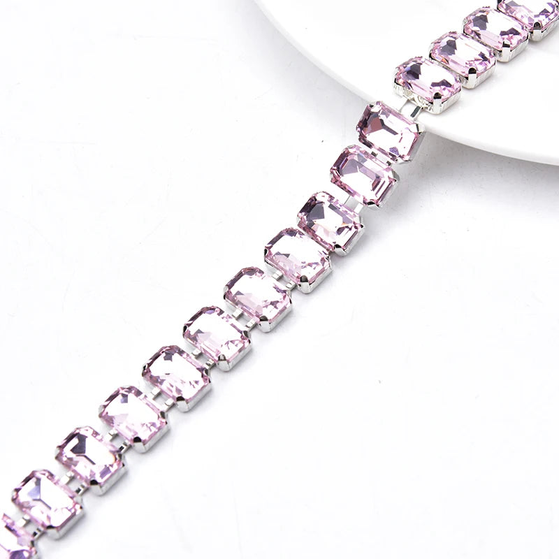 Glass Rhinestone Chain 8mm Round+8x13mm Teardrop Clear Crystal Trimming Gold Metal Base 2cm Width Sew On Garment DIY