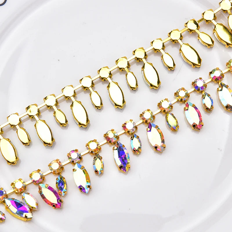 Glass Rhinestone Chain 8mm Round+8x13mm Teardrop Clear Crystal Trimming Gold Metal Base 2cm Width Sew On Garment DIY