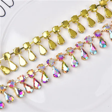 Glass Rhinestone Chain 8mm Round+8x13mm Teardrop Clear Crystal Trimming Gold Metal Base 2cm Width Sew On Garment DIY