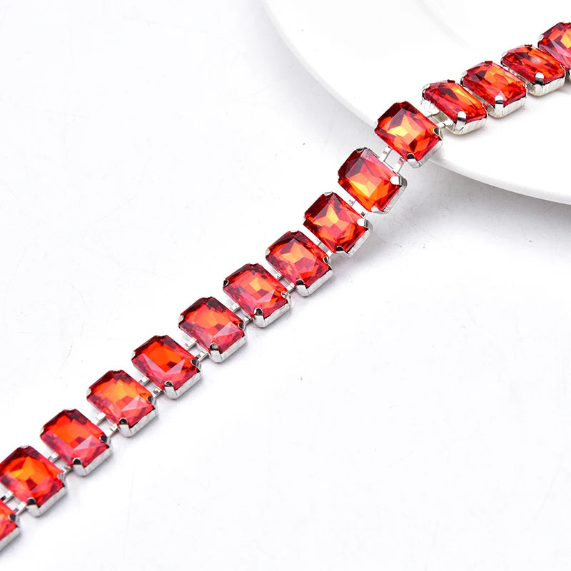 Glass Rhinestone Chain 8mm Round+8x13mm Teardrop Clear Crystal Trimming Gold Metal Base 2cm Width Sew On Garment DIY