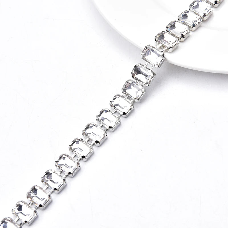 Glass Rhinestone Chain 8mm Round+8x13mm Teardrop Clear Crystal Trimming Gold Metal Base 2cm Width Sew On Garment DIY