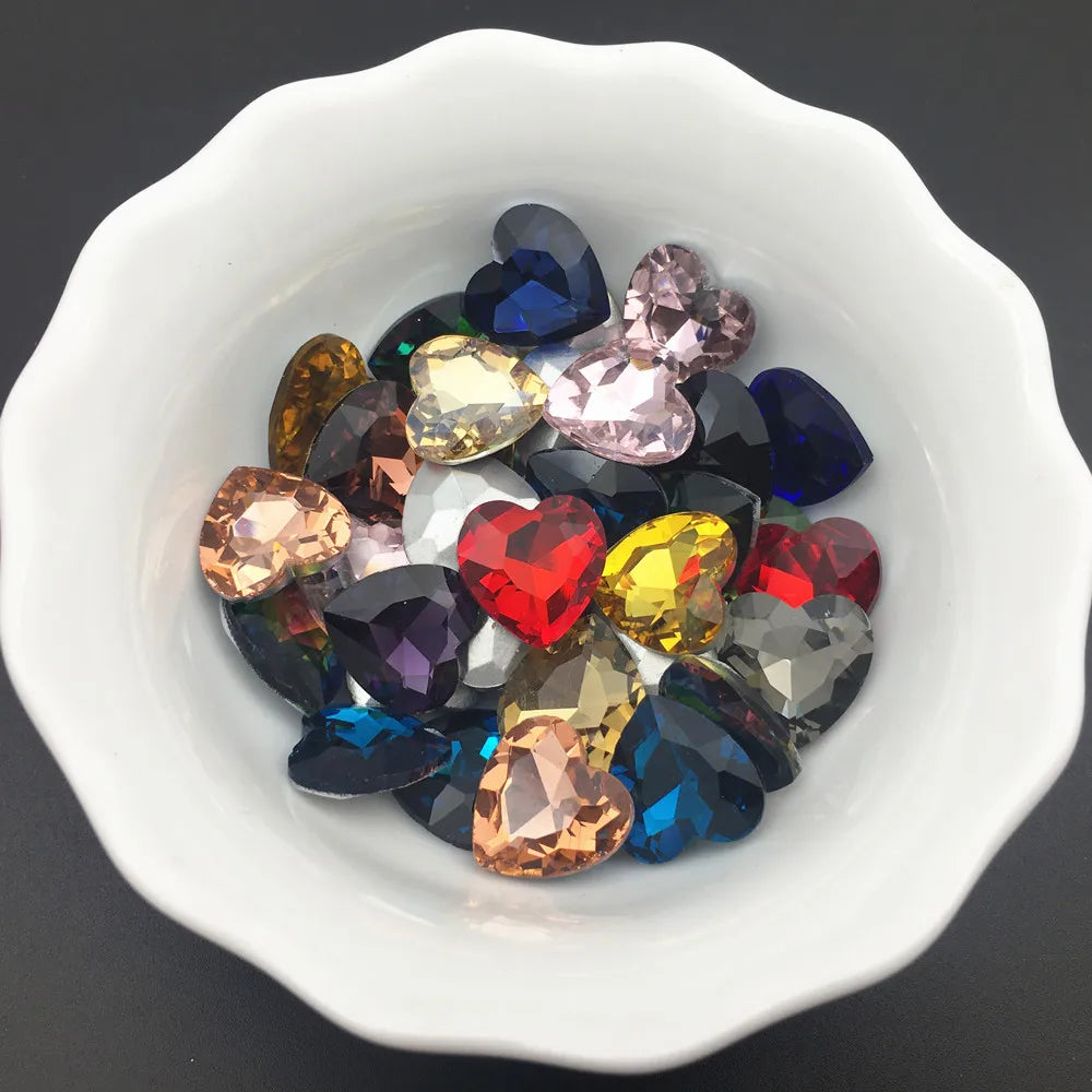 27mm Heart Glass Crystal Point Back Colorful Glue-On Rhinestone Arts Crafts Wedding Dress DIY Gem