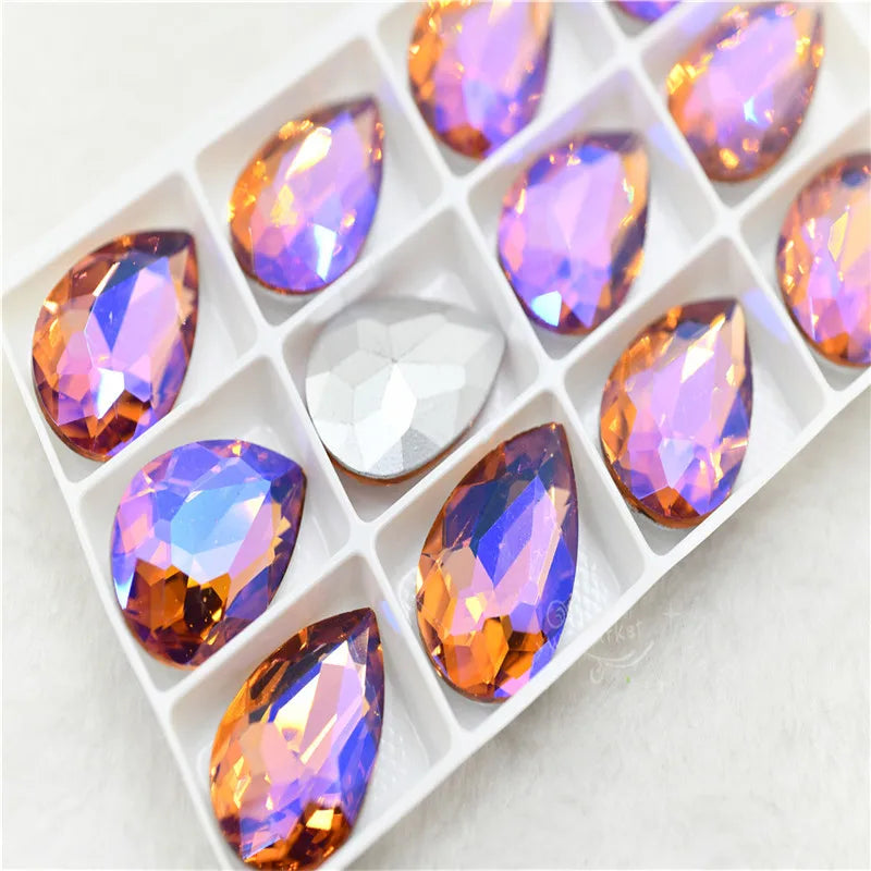 Color AB strass crystal teardrop rhinestones  wedding Jewelry Accessories glass stones pointback beads 20x30mm 13x18mm 10x14mm