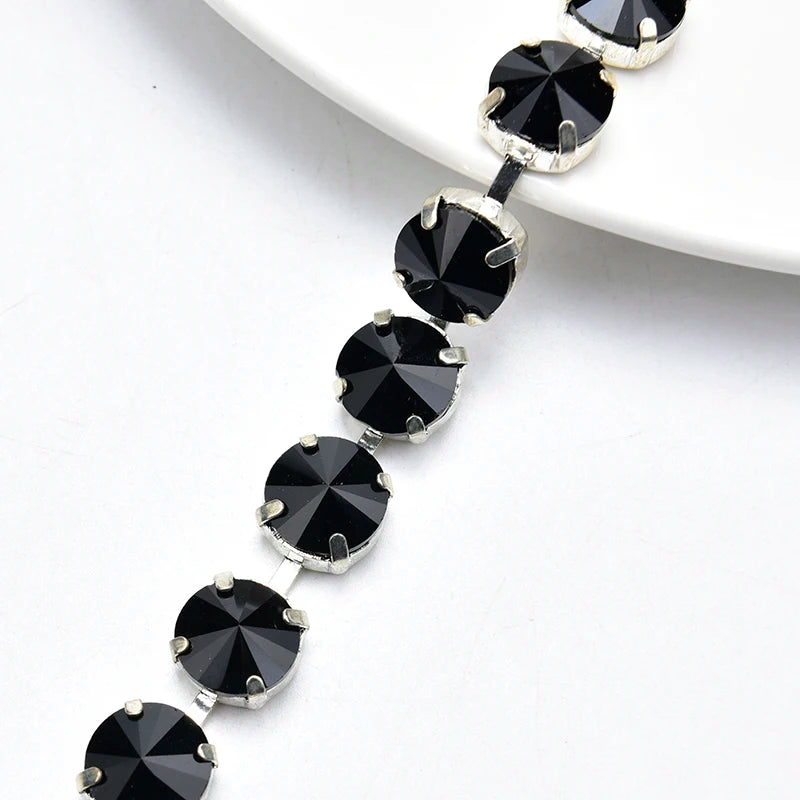 Handmade 12mm Circular Satellite Glass Rhinestone Chain Shiny Round Crystal Trim Ribbon Sewing on Wedding Clothing Accessories