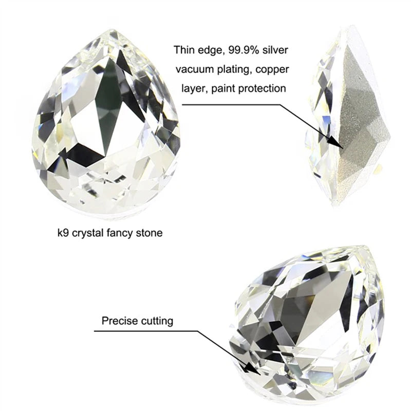 Glitter Crystal Teardrop Rhinestone, Pointback, Fancy Stone, Drop Strass Diamond for Nailart Decorations, Glass Gems Applique