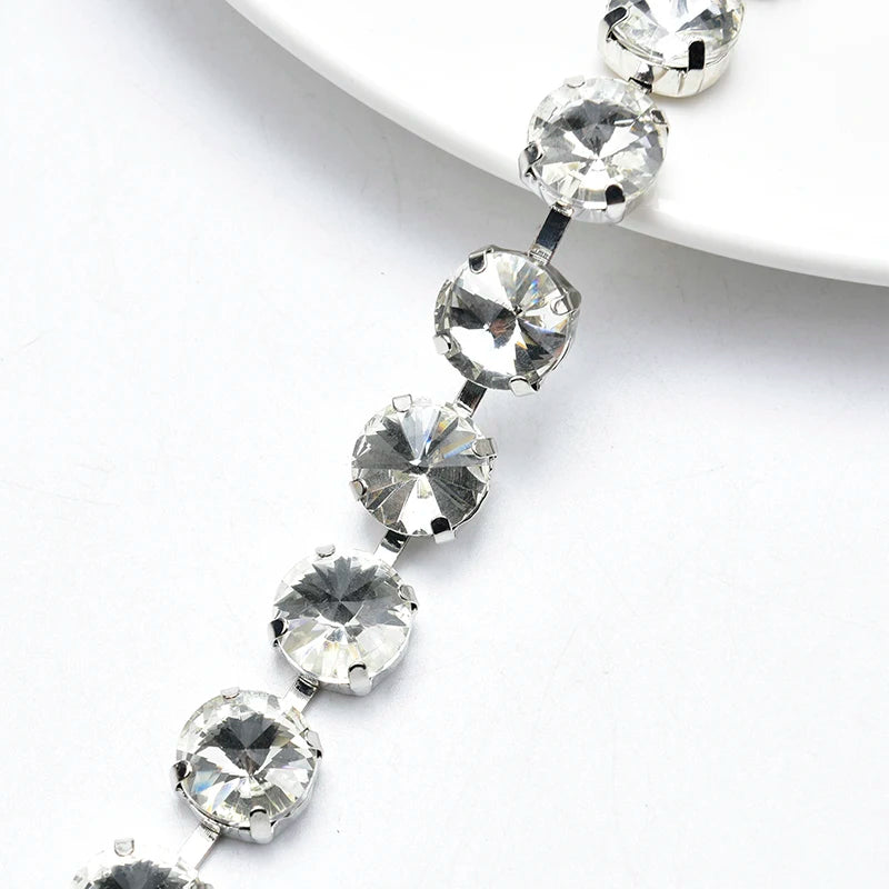 Handmade 12mm Circular Satellite Glass Rhinestone Chain Shiny Round Crystal Trim Ribbon Sewing on Wedding Clothing Accessories
