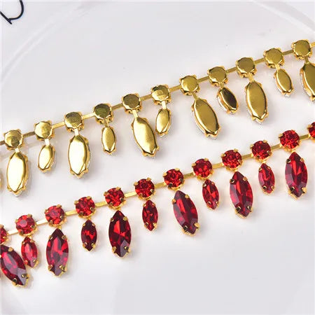 Glass Rhinestone Chain 8mm Round+8x13mm Teardrop Clear Crystal Trimming Gold Metal Base 2cm Width Sew On Garment DIY