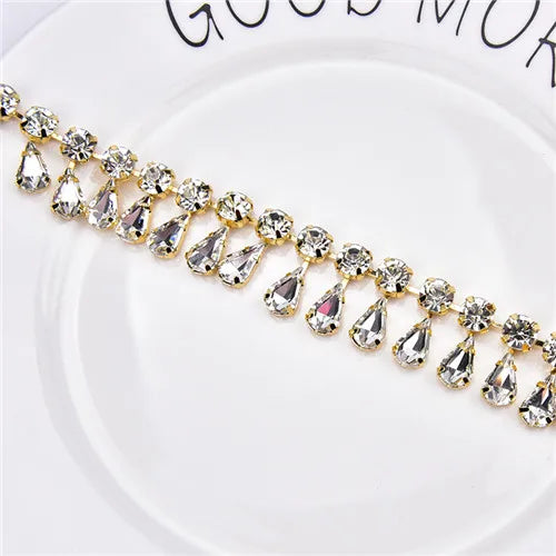Glass Rhinestone Chain 8mm Round+8x13mm Teardrop Clear Crystal Trimming Gold Metal Base 2cm Width Sew On Garment DIY