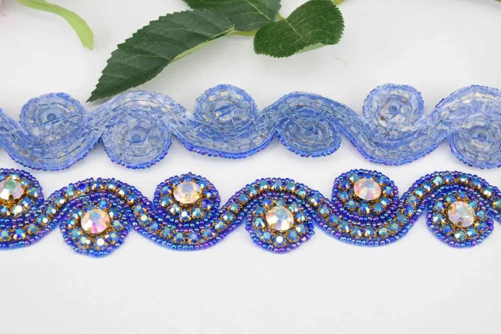 1 Yard AB crystal rhinestone beaded applique Iron On bridal costume deep blue A1002