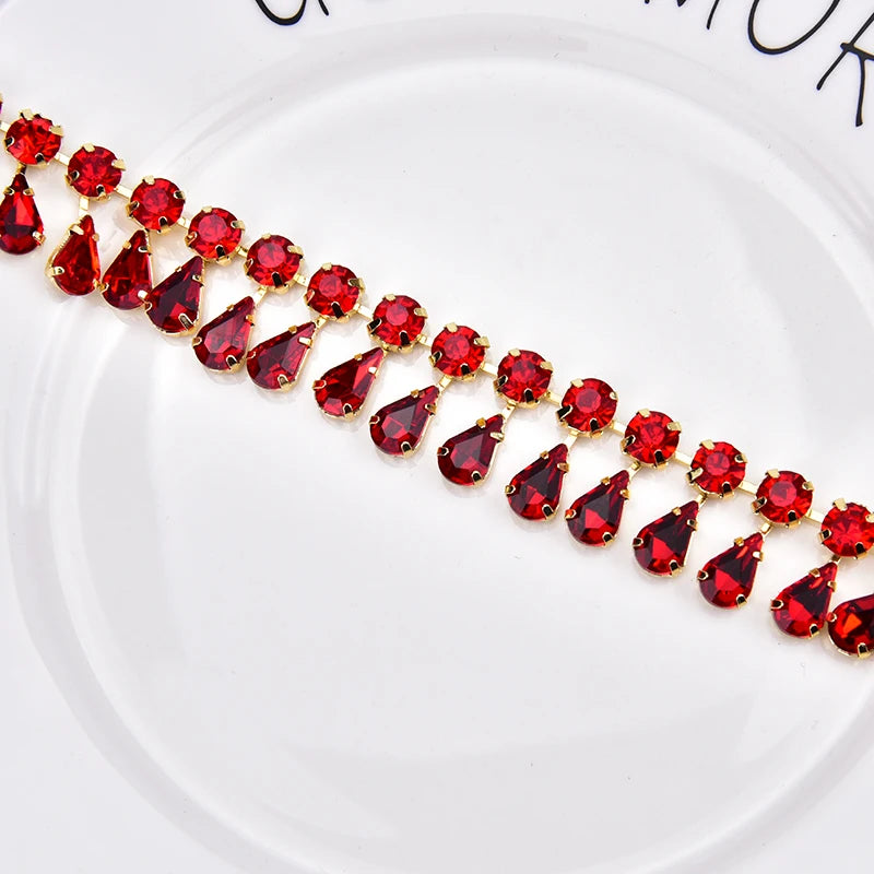 Glass Rhinestone Chain 8mm Round+8x13mm Teardrop Clear Crystal Trimming Gold Metal Base 2cm Width Sew On Garment DIY