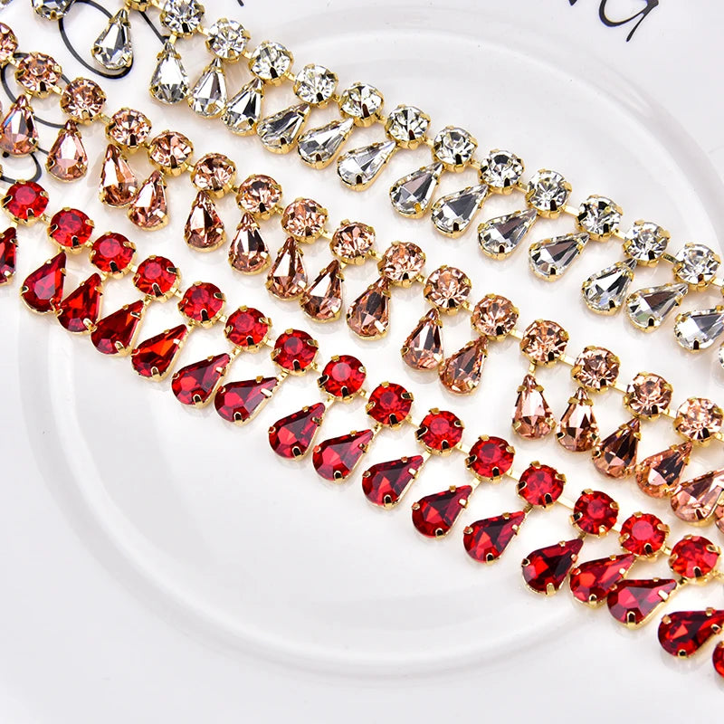 Glass Rhinestone Chain 8mm Round+8x13mm Teardrop Clear Crystal Trimming Gold Metal Base 2cm Width Sew On Garment DIY