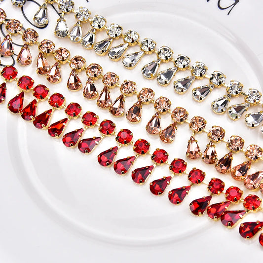 Glass Rhinestone Chain 8mm Round+8x13mm Teardrop Clear Crystal Trimming Gold Metal Base 2cm Width Sew On Garment DIY