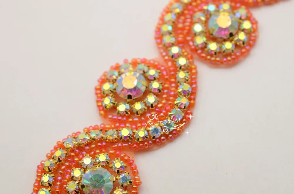 1 Yard AB crystal rhinestone beaded applique Iron On bridal costume deep blue A1002