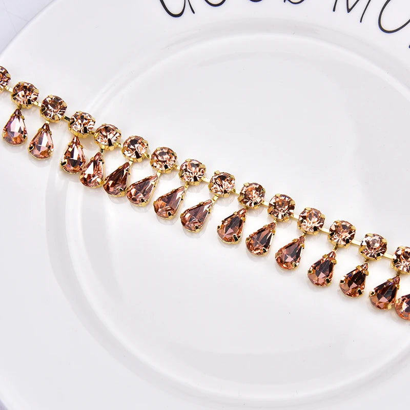 Glass Rhinestone Chain 8mm Round+8x13mm Teardrop Clear Crystal Trimming Gold Metal Base 2cm Width Sew On Garment DIY