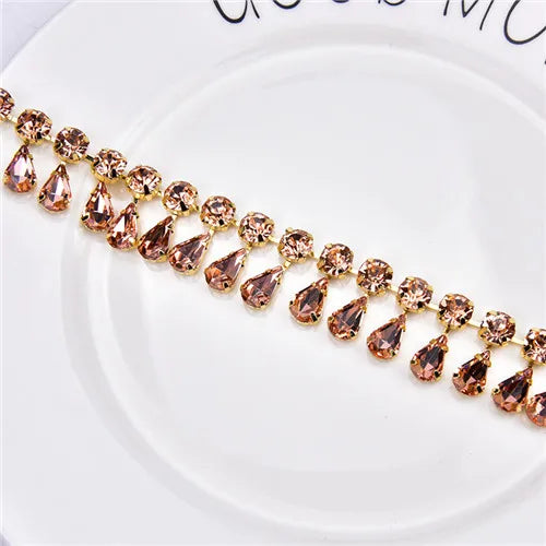 Glass Rhinestone Chain 8mm Round+8x13mm Teardrop Clear Crystal Trimming Gold Metal Base 2cm Width Sew On Garment DIY